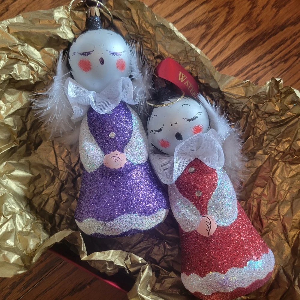 Waterford Sugar Plum Angel Duo Red & Purple Ornaments ~ Czech ~ Retired